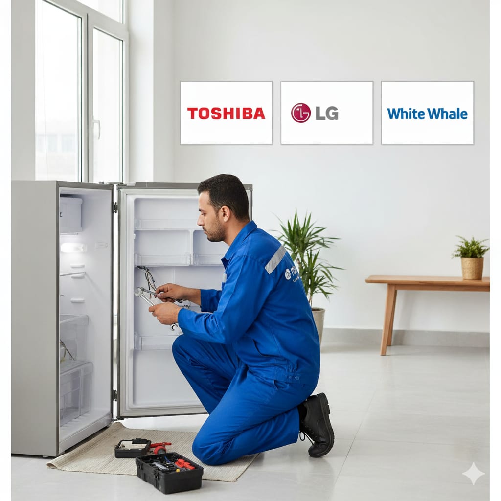 فني يقوم بصيانة ثلاجة